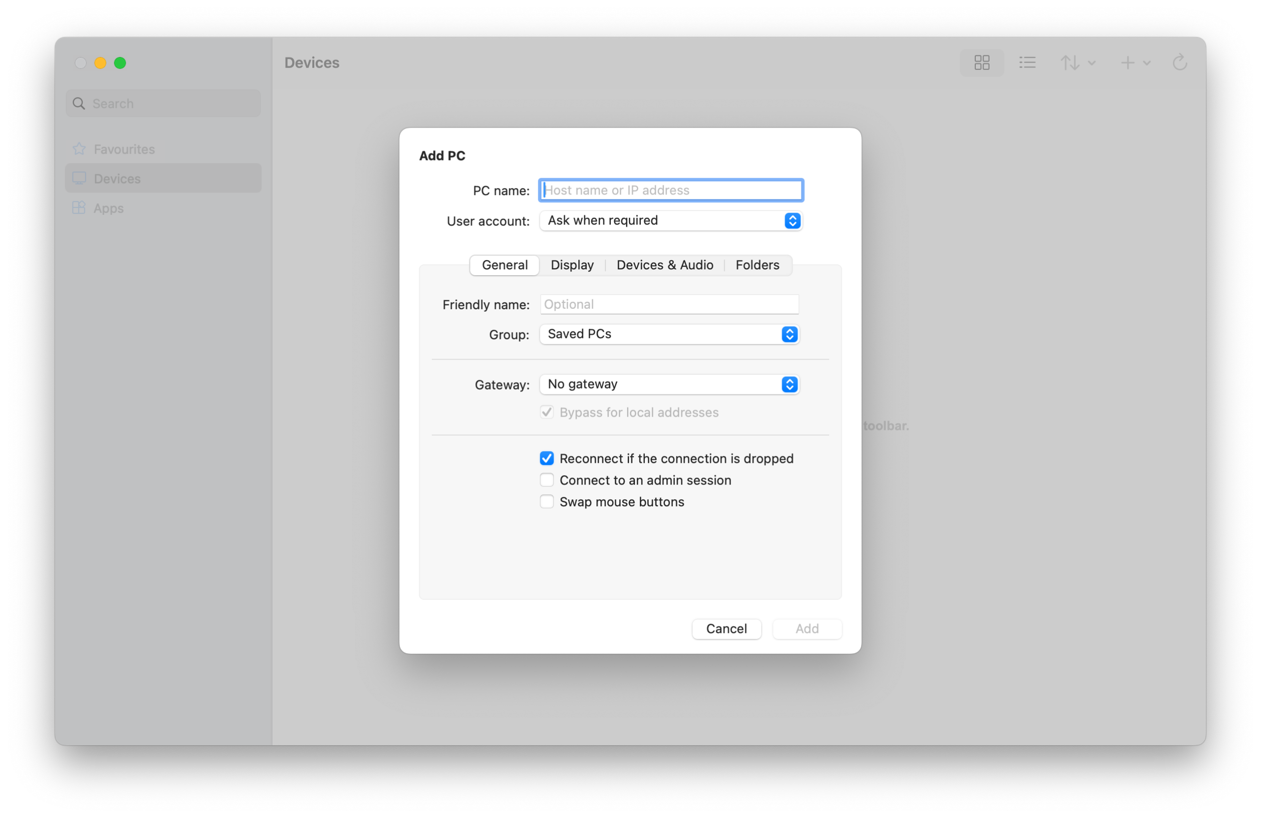Windows App connection options on macOS