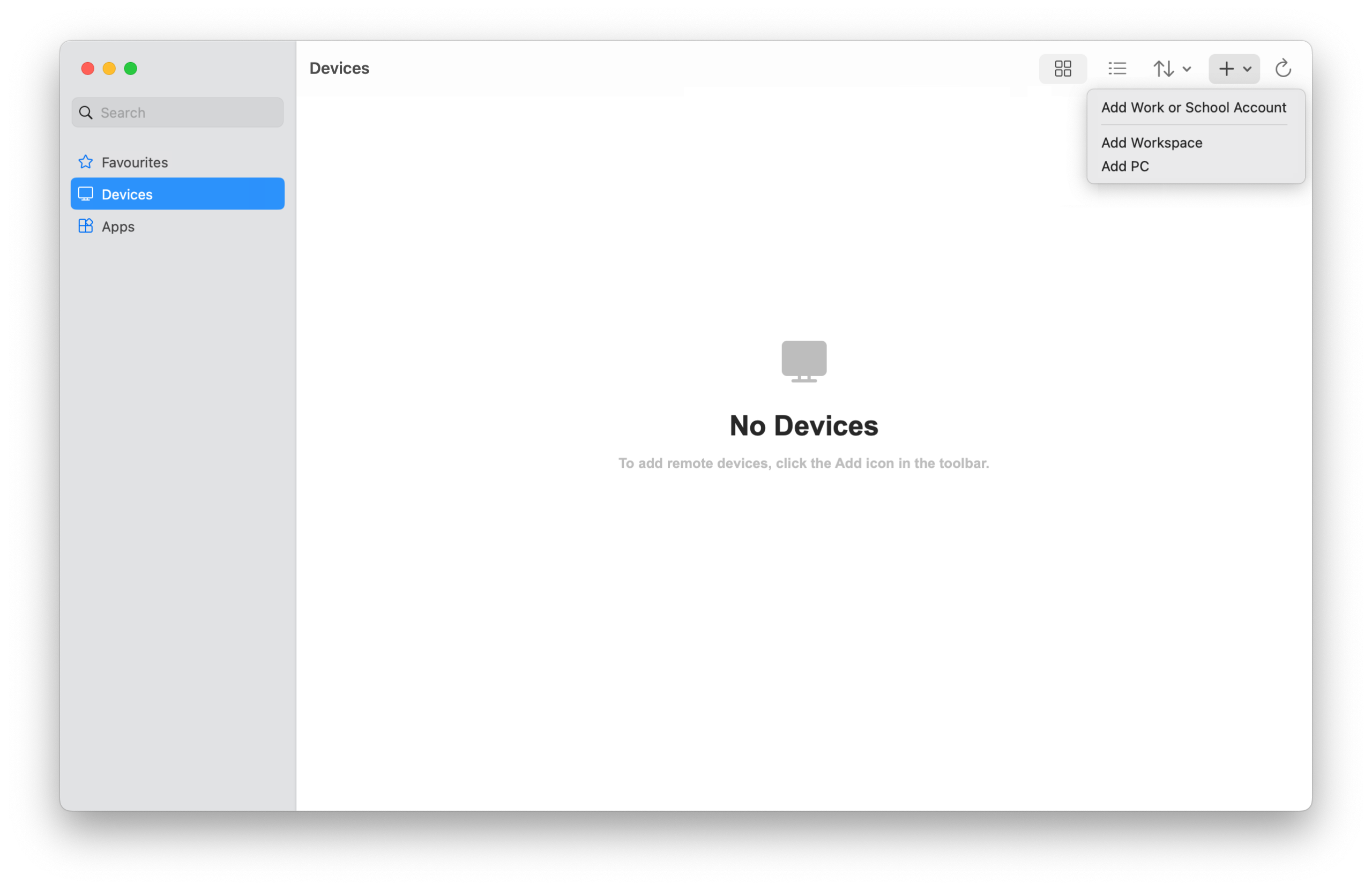 Windows App Devices screen on macOS